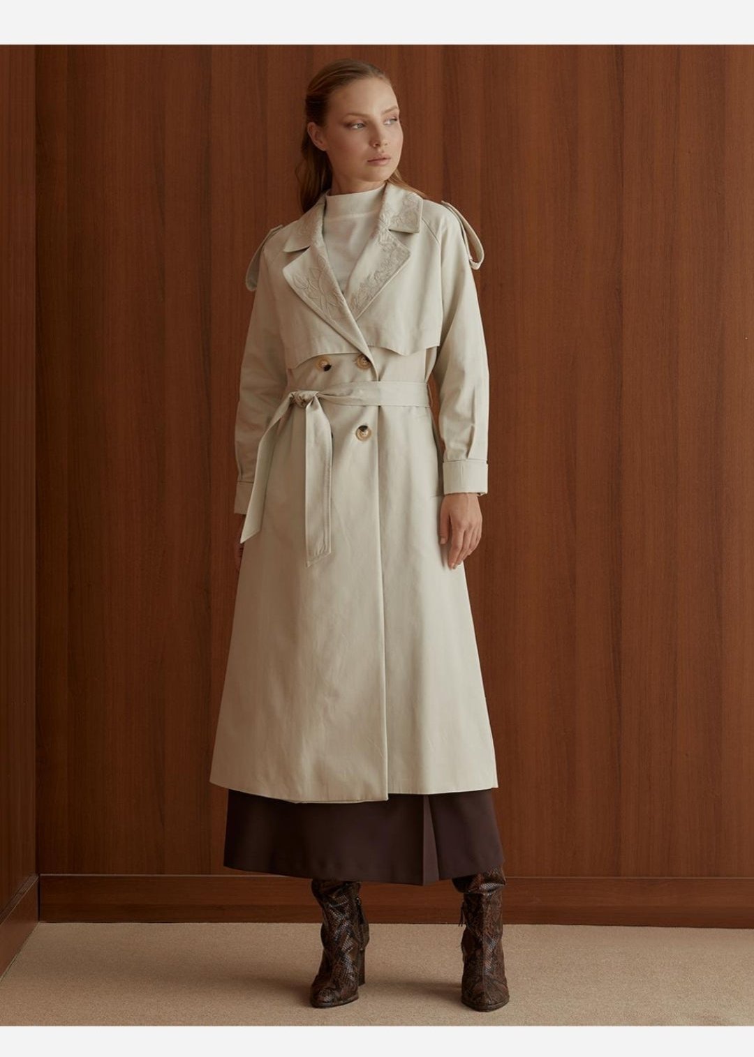 KAYRA Embroidered Double Breasted Trench Coat
