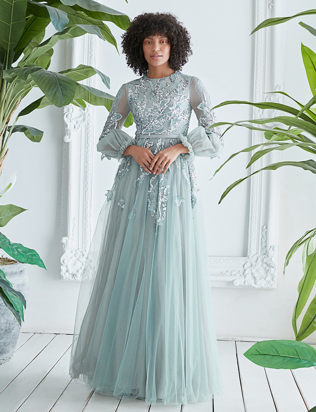 TIARA Embroidered Round Neck Collar Balloon Sleeve Evening Dress Sage