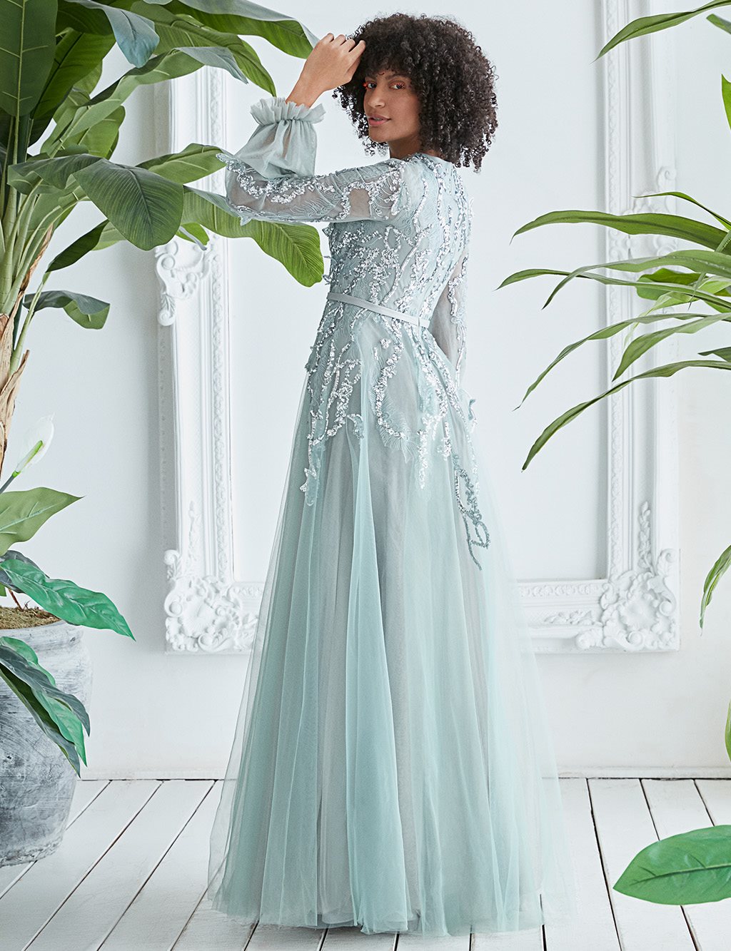 TIARA Embroidered Round Neck Collar Balloon Sleeve Evening Dress Sage