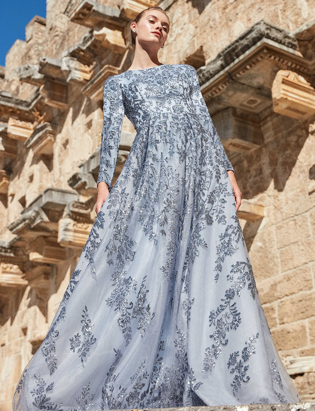 TIARA Long Sleeve Evening Dress Blue Granite