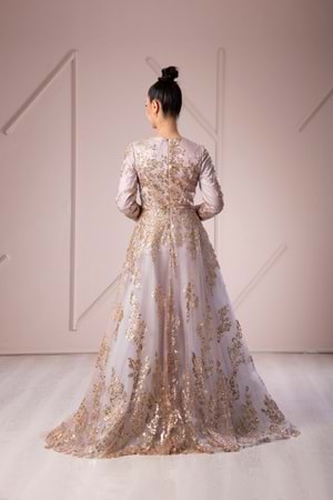 TIARA GOLD SEQUIN EMBROIDERED EVENING DRESS