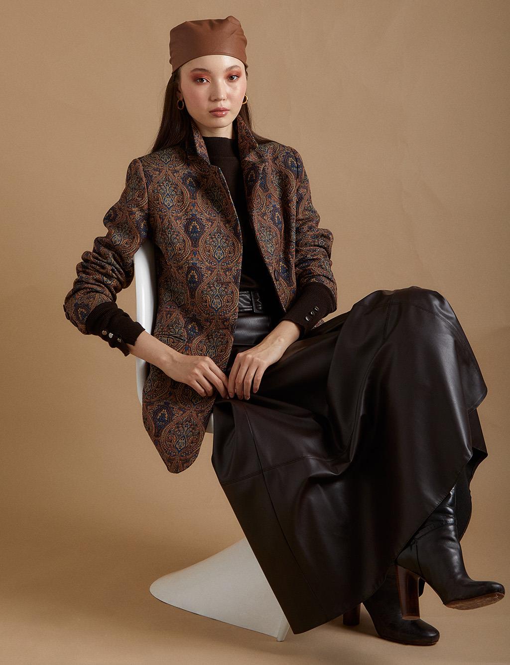 Ethnic Patterned Blazer Jacket Indigo-Camel KA-A22-13098-39-06