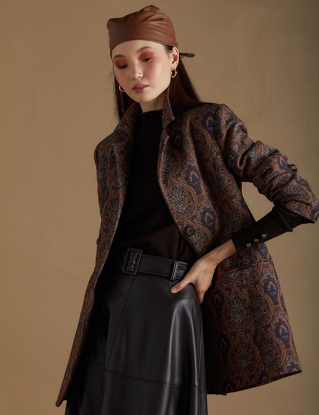 Ethnic Patterned Blazer Jacket Indigo-Camel KA-A22-13098-39-06