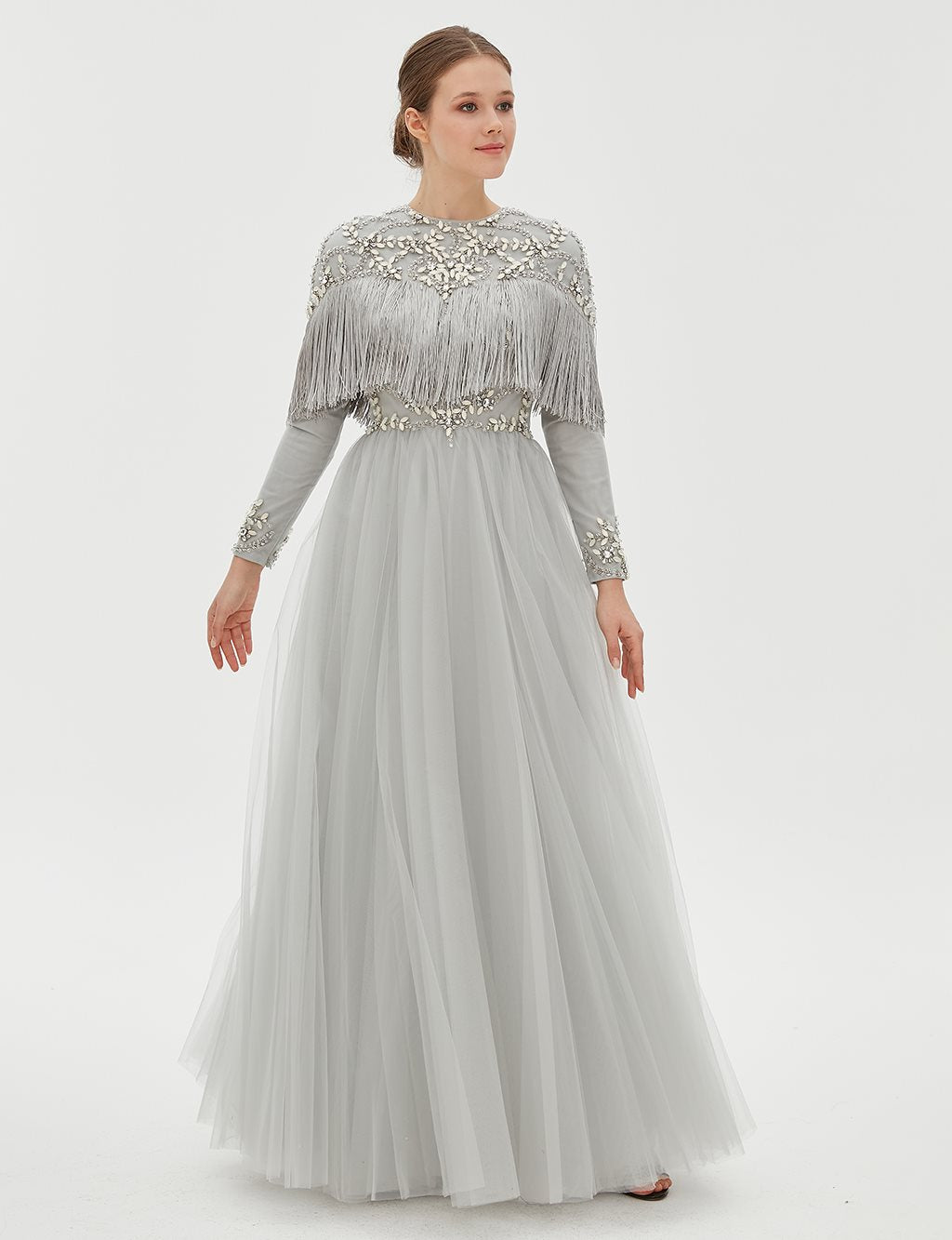 TIARA Fringe Detailed Evening Dress B9 26039 Grey TA-B9-26039-07