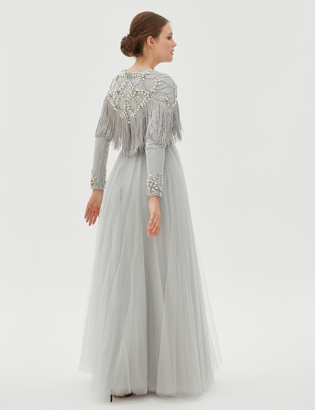TIARA Fringe Detailed Evening Dress B9 26039 Grey TA-B9-26039-07