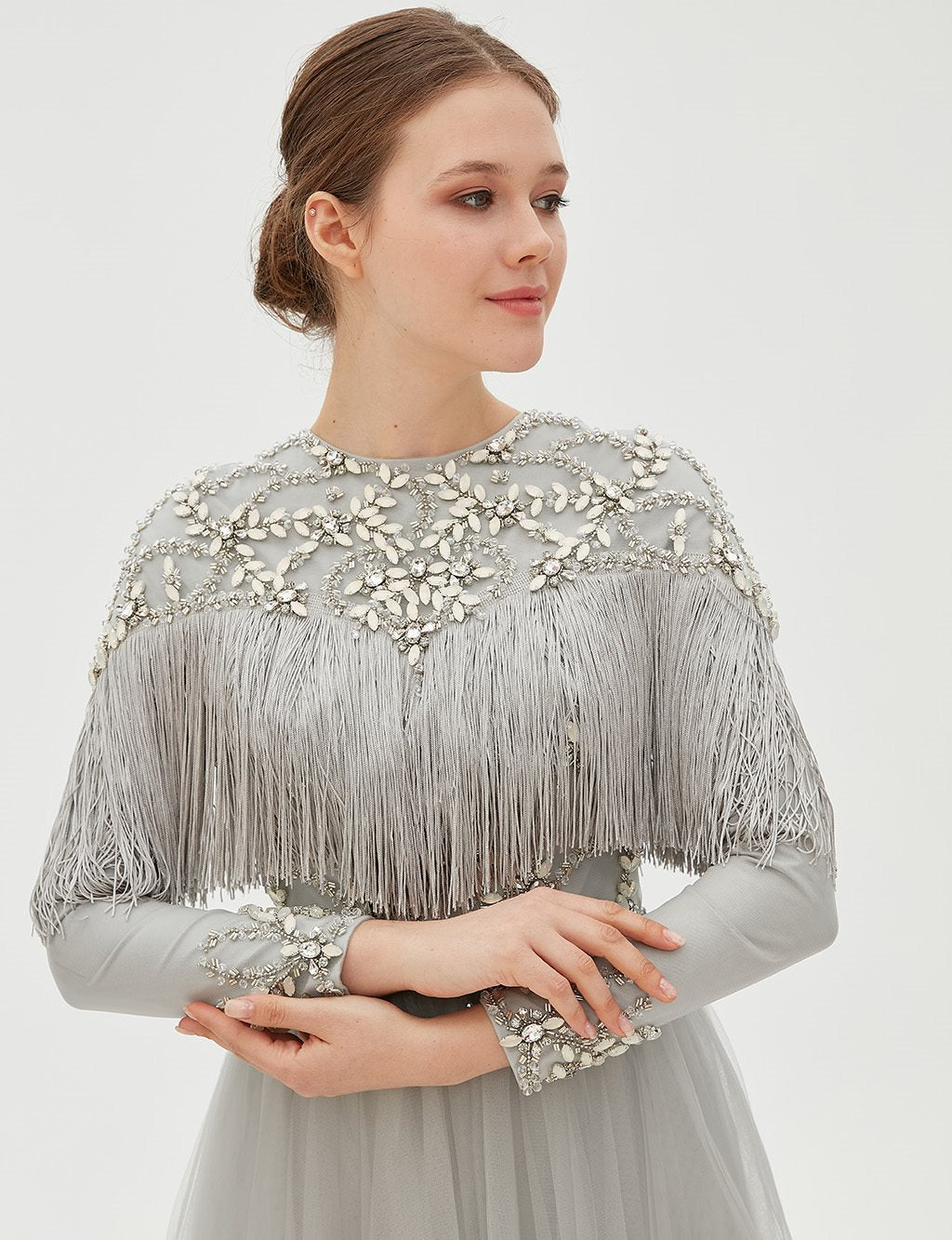 TIARA Fringe Detailed Evening Dress B9 26039 Grey TA-B9-26039-07