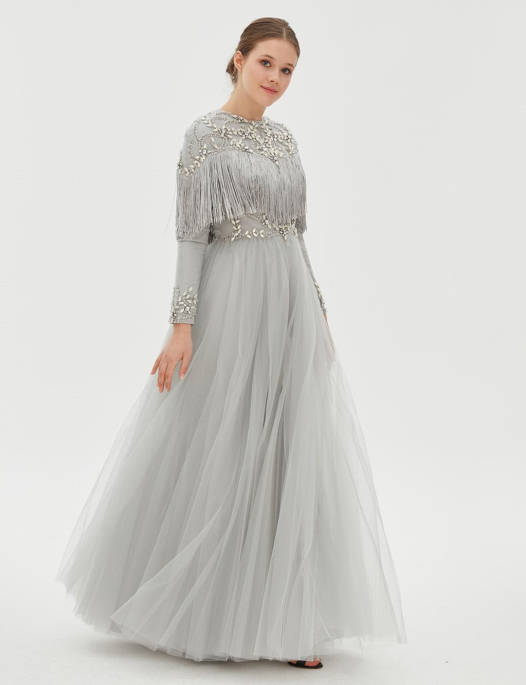 TIARA Fringe Detailed Evening Dress B9 26039 Grey TA-B9-26039-07