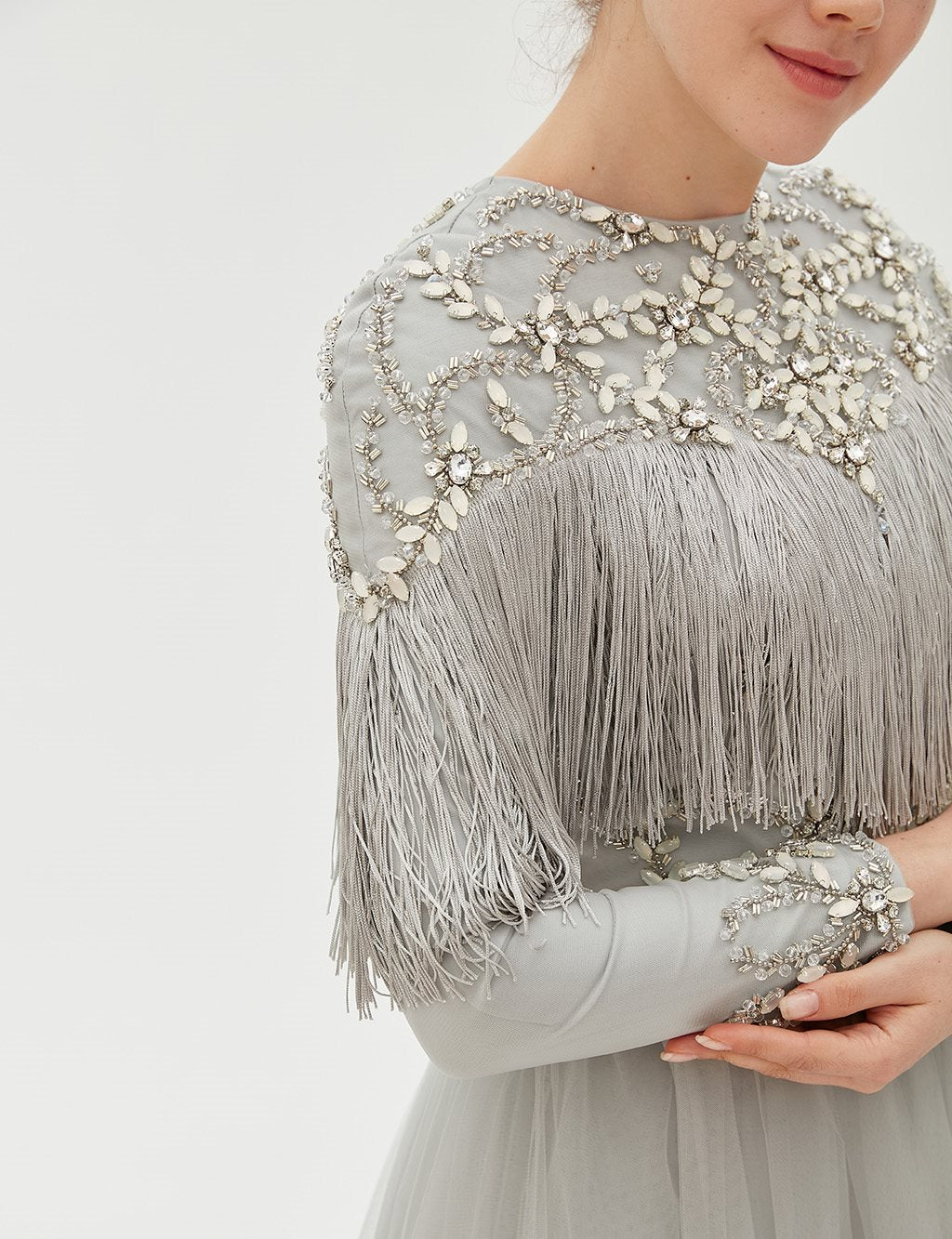 TIARA Fringe Detailed Evening Dress B9 26039 Grey TA-B9-26039-07