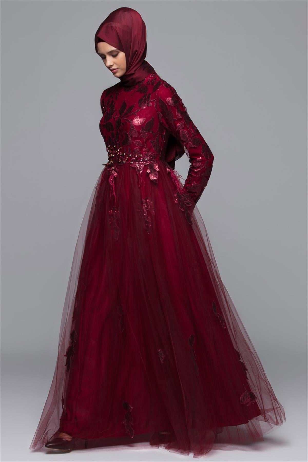 Armine Long Sleeve Evening Dress Wine
