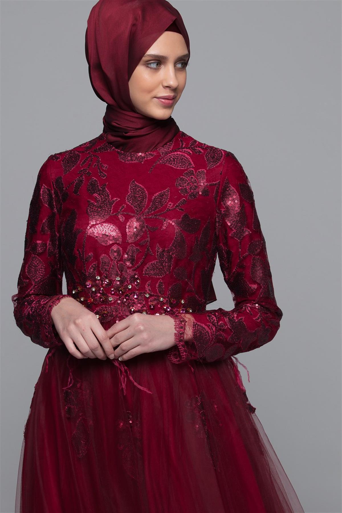 Armine Long Sleeve Evening Dress Wine