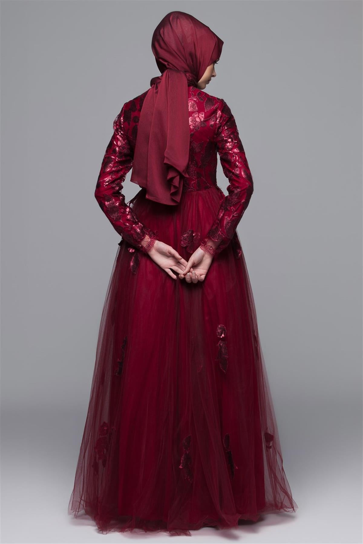 Armine Long Sleeve Evening Dress Wine