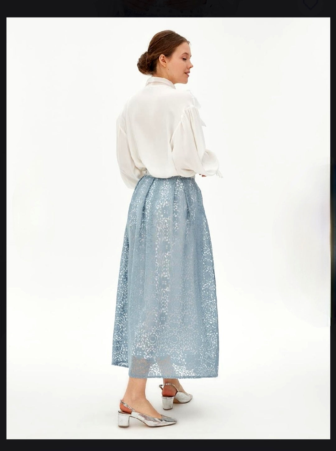 Kayra Pleated Long Lace Skirt Blue
