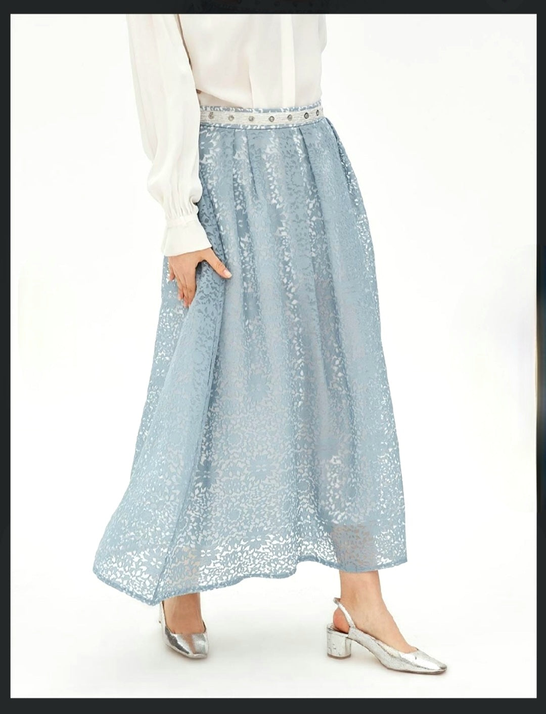 Kayra Pleated Long Lace Skirt Blue