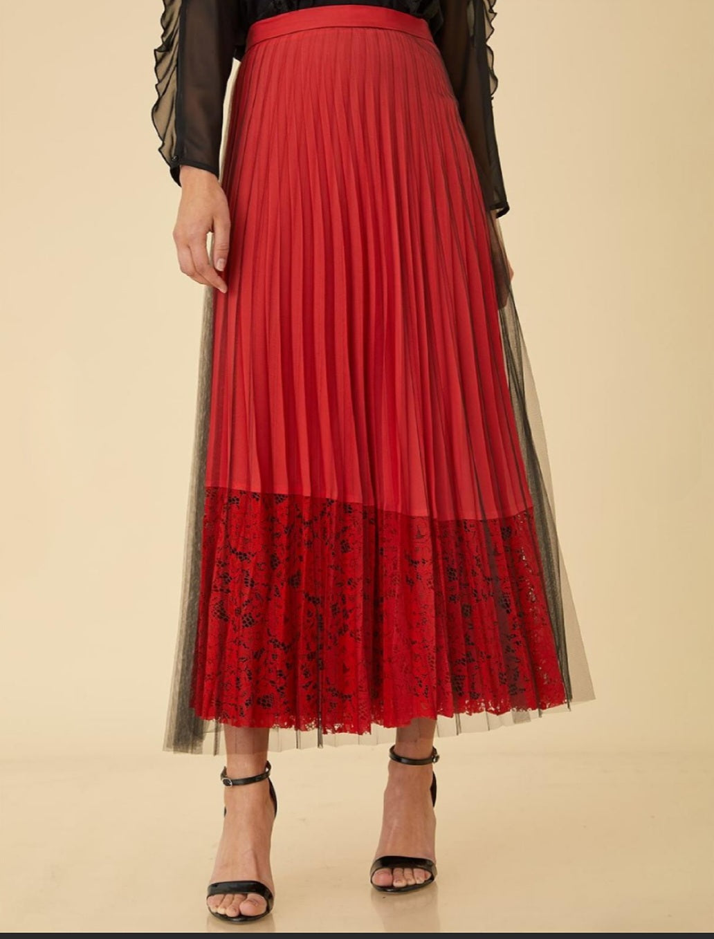 KAYRA Lace Covered Pleated Skirt Red B9 12045