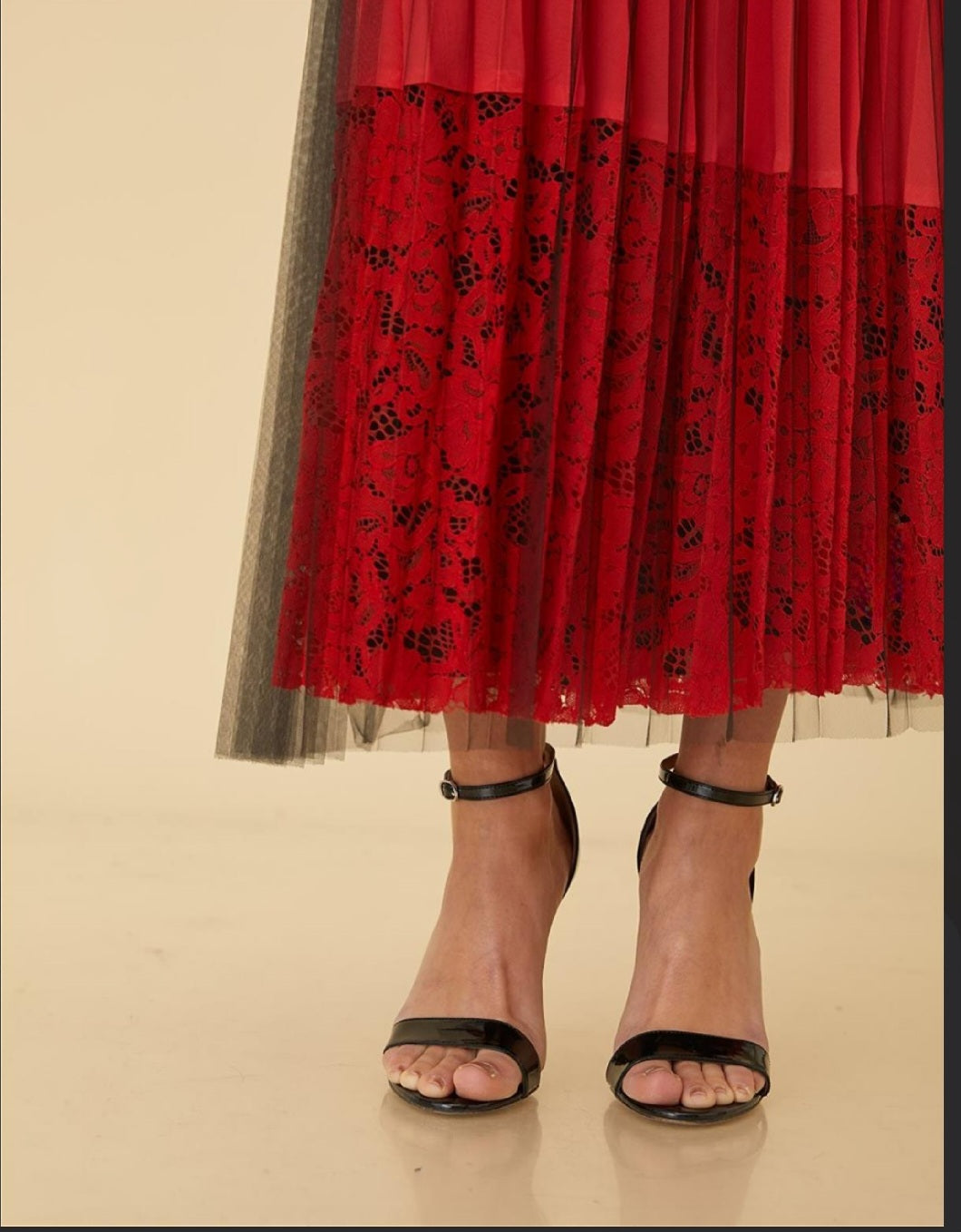 KAYRA Lace Covered Pleated Skirt Red B9 12045