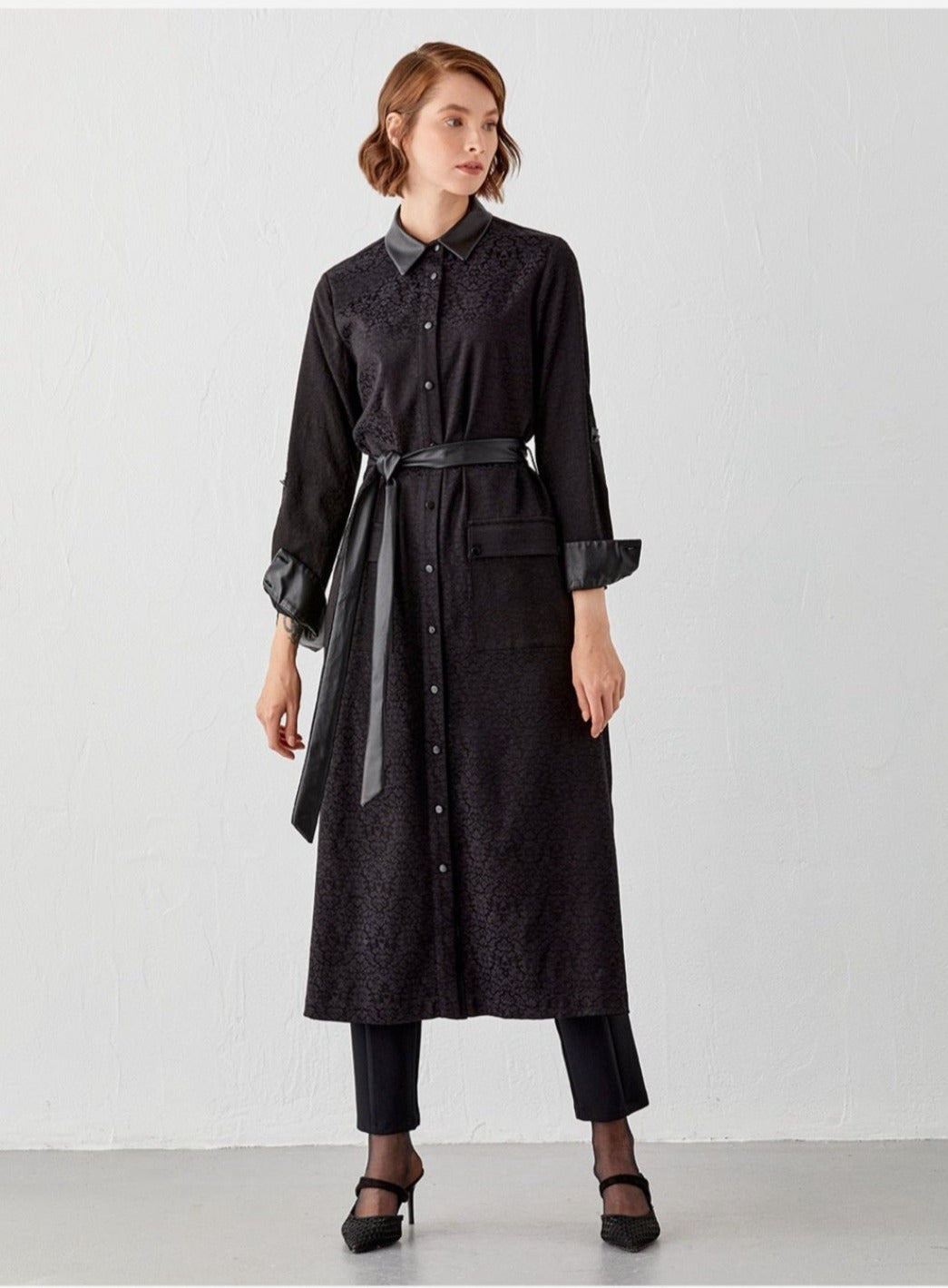 KAYRA Faux Leather Detailed Jacquard Tunic Dress