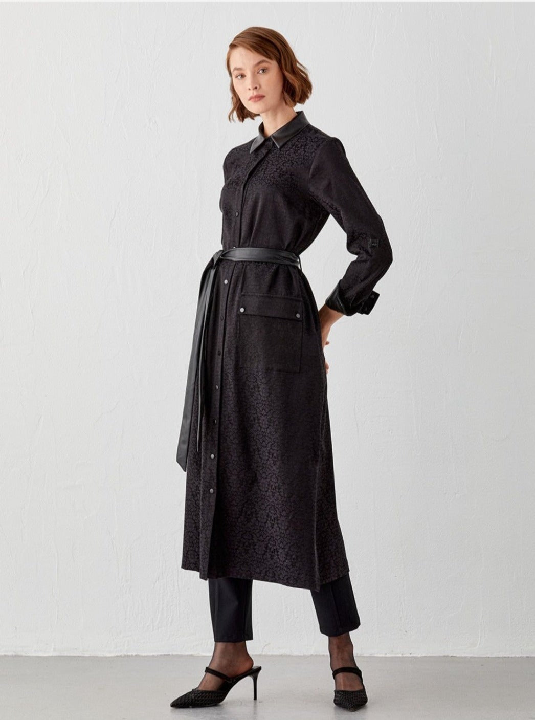KAYRA Faux Leather Detailed Jacquard Tunic Dress