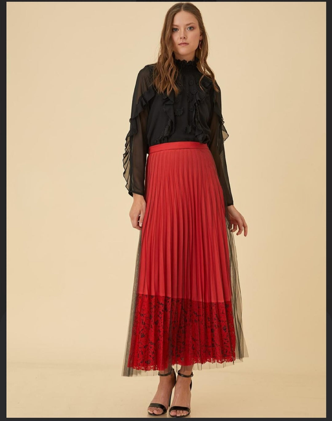 KAYRA Lace Covered Pleated Skirt Red B9 12045