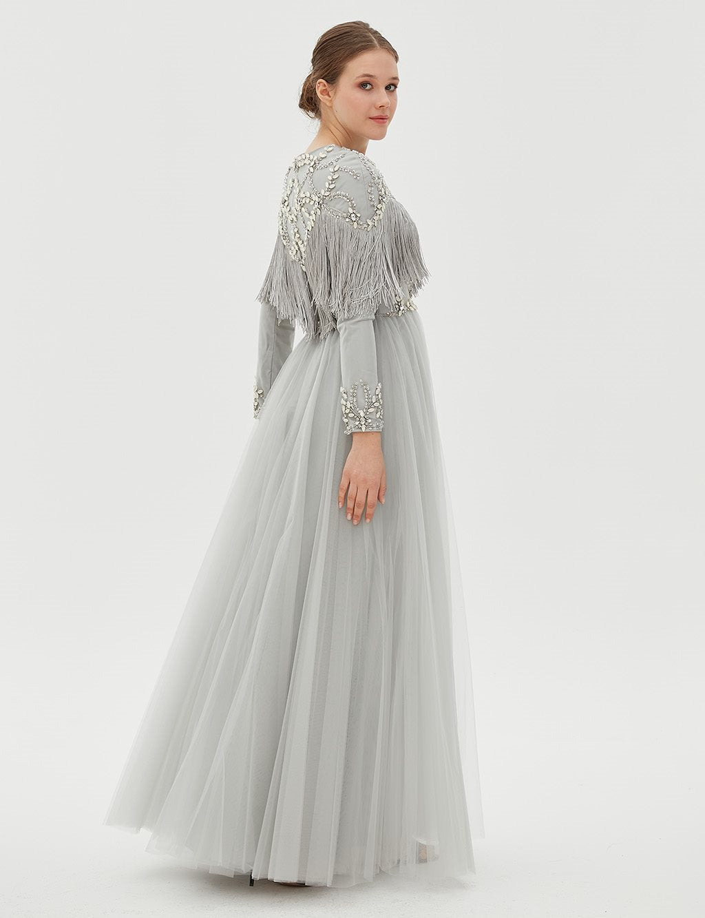 TIARA Fringe Detailed Evening Dress B9 26039 Grey TA-B9-26039-07