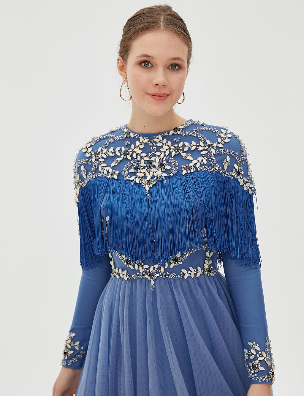 TIARA Fringe Detailed Evening Dress B9 26039 Blue TA-B9-26039-09