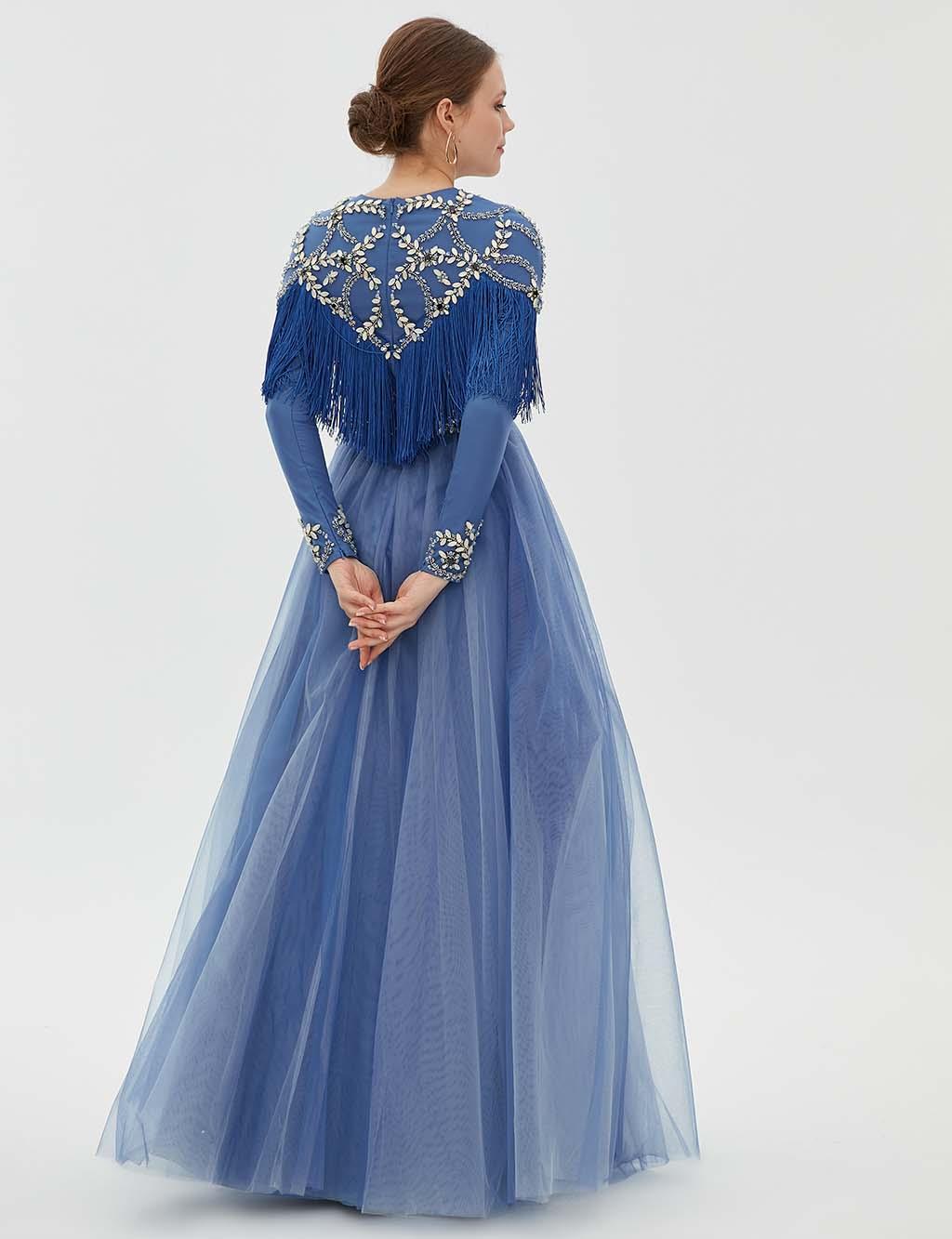 TIARA Fringe Detailed Evening Dress B9 26039 Blue TA-B9-26039-09