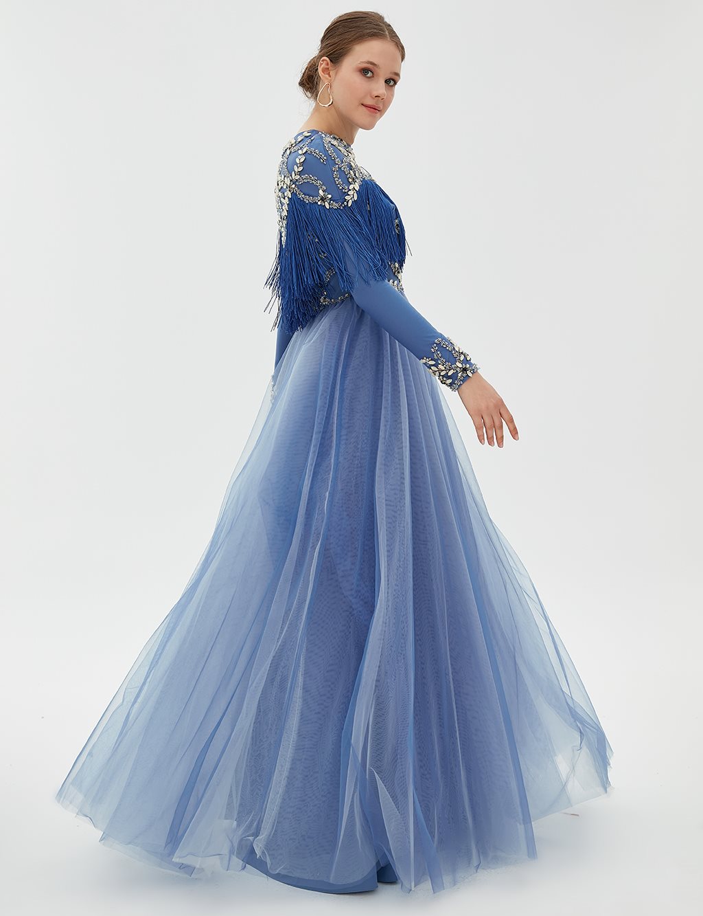 TIARA Fringe Detailed Evening Dress B9 26039 Blue TA-B9-26039-09