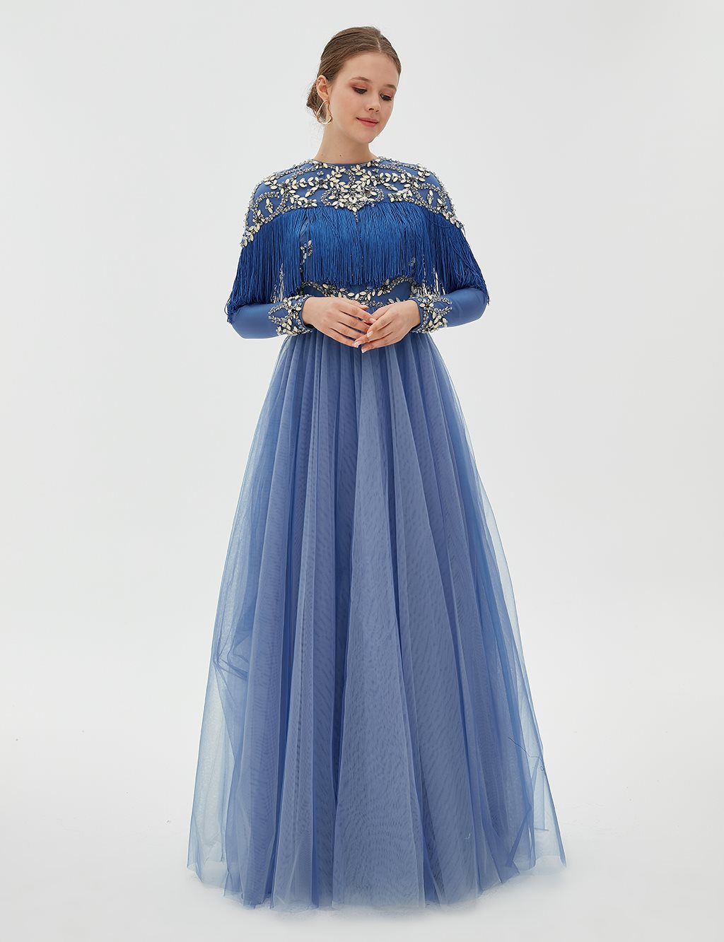 TIARA Fringe Detailed Evening Dress B9 26039 Blue TA-B9-26039-09