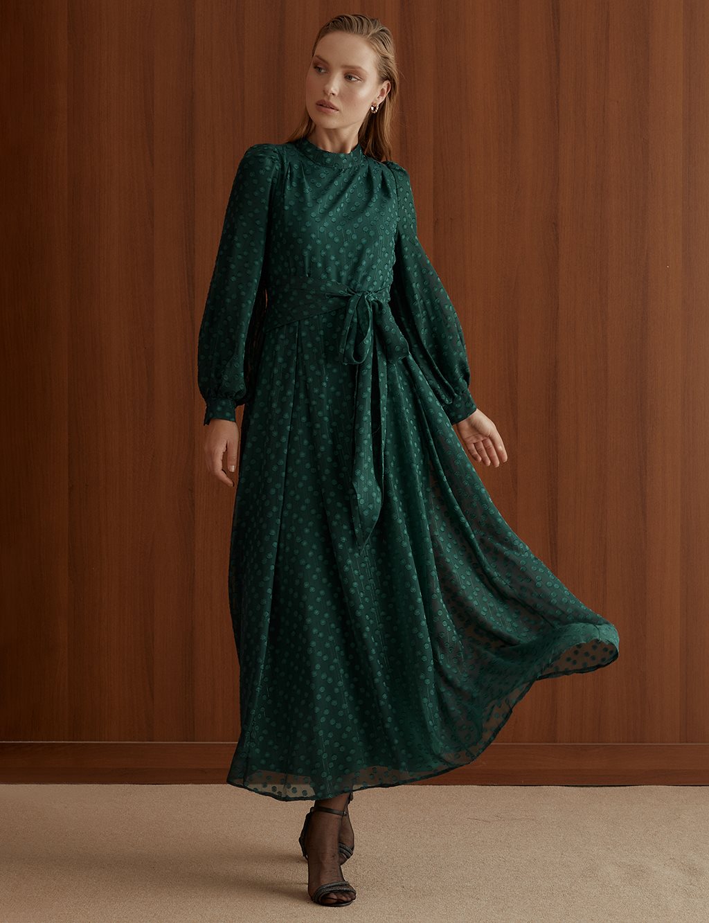 Pleated Full Length Dress Emerald KA-A22-23077-84