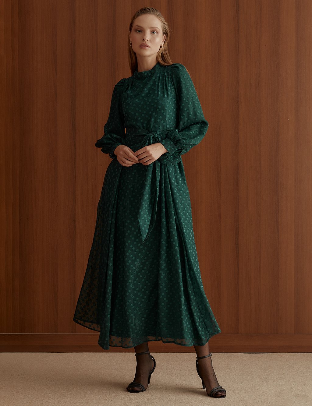Pleated Full Length Dress Emerald KA-A22-23077-84
