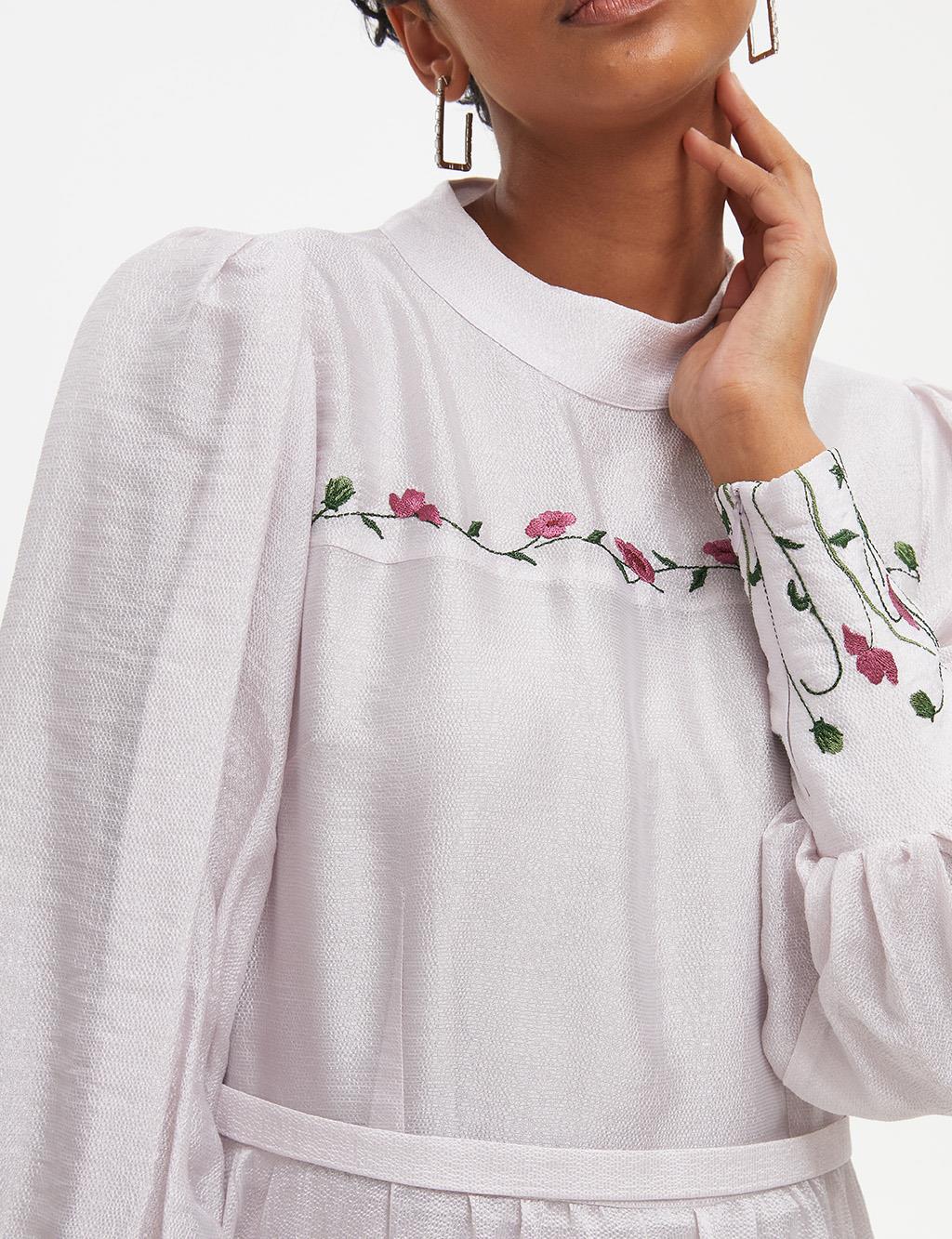 KAYRA Embroidered Judge Collar Long Dress Light Lilac