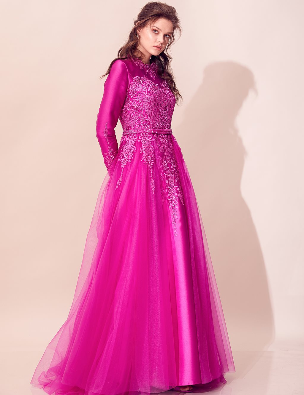 TIARA Tulle Detailed Embroidered Evening Dress Fuchsia TA-B8-26013-04