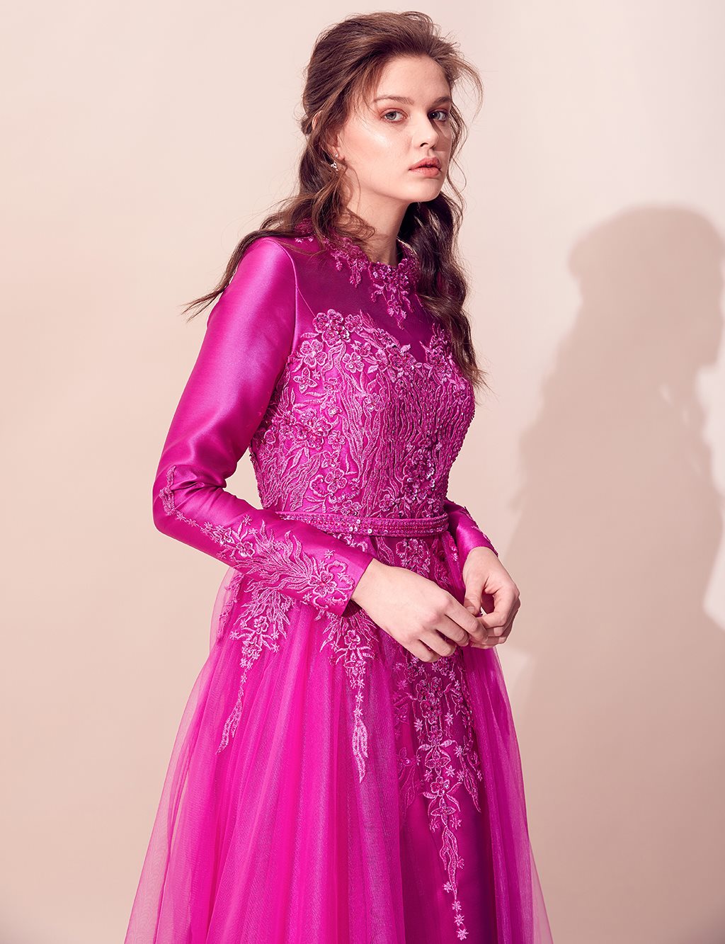 TIARA Tulle Detailed Embroidered Evening Dress Fuchsia TA-B8-26013-04