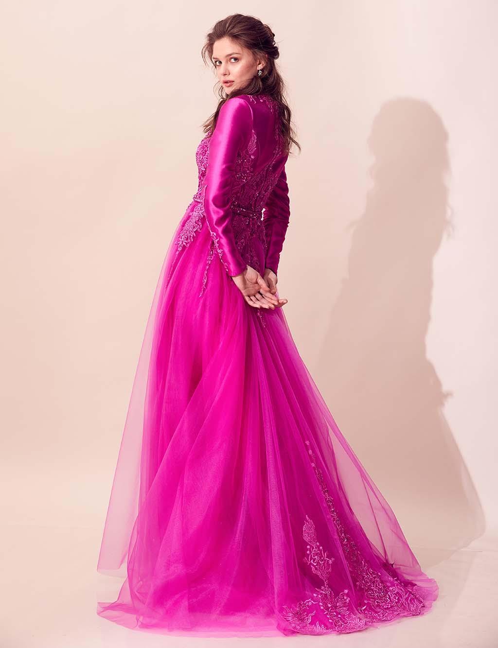 TIARA Tulle Detailed Embroidered Evening Dress Fuchsia TA-B8-26013-04