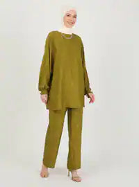 Refka Bat Sleeves Jacquard Satin Suit Oil Green