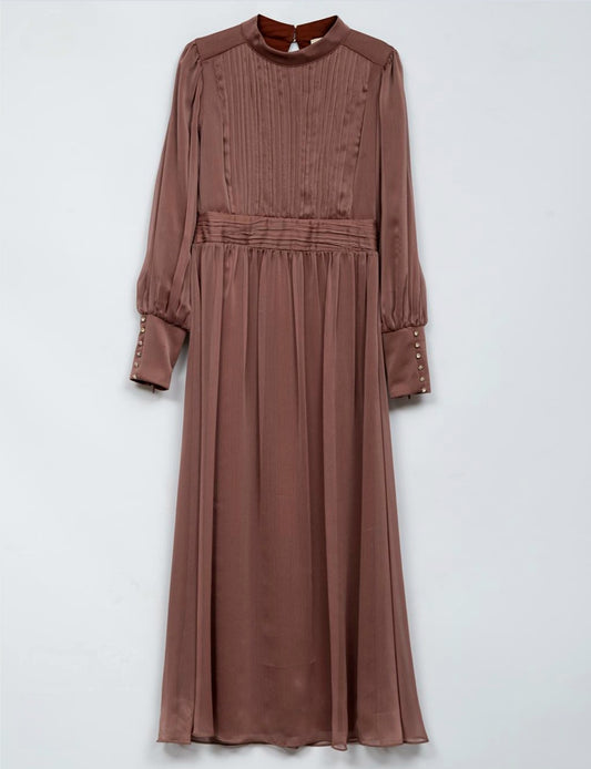 KAYRA Pleated Balloon Sleeve Dress Camel