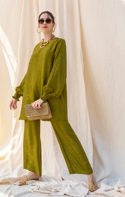 Refka Bat Sleeves Jacquard Satin Suit Oil Green