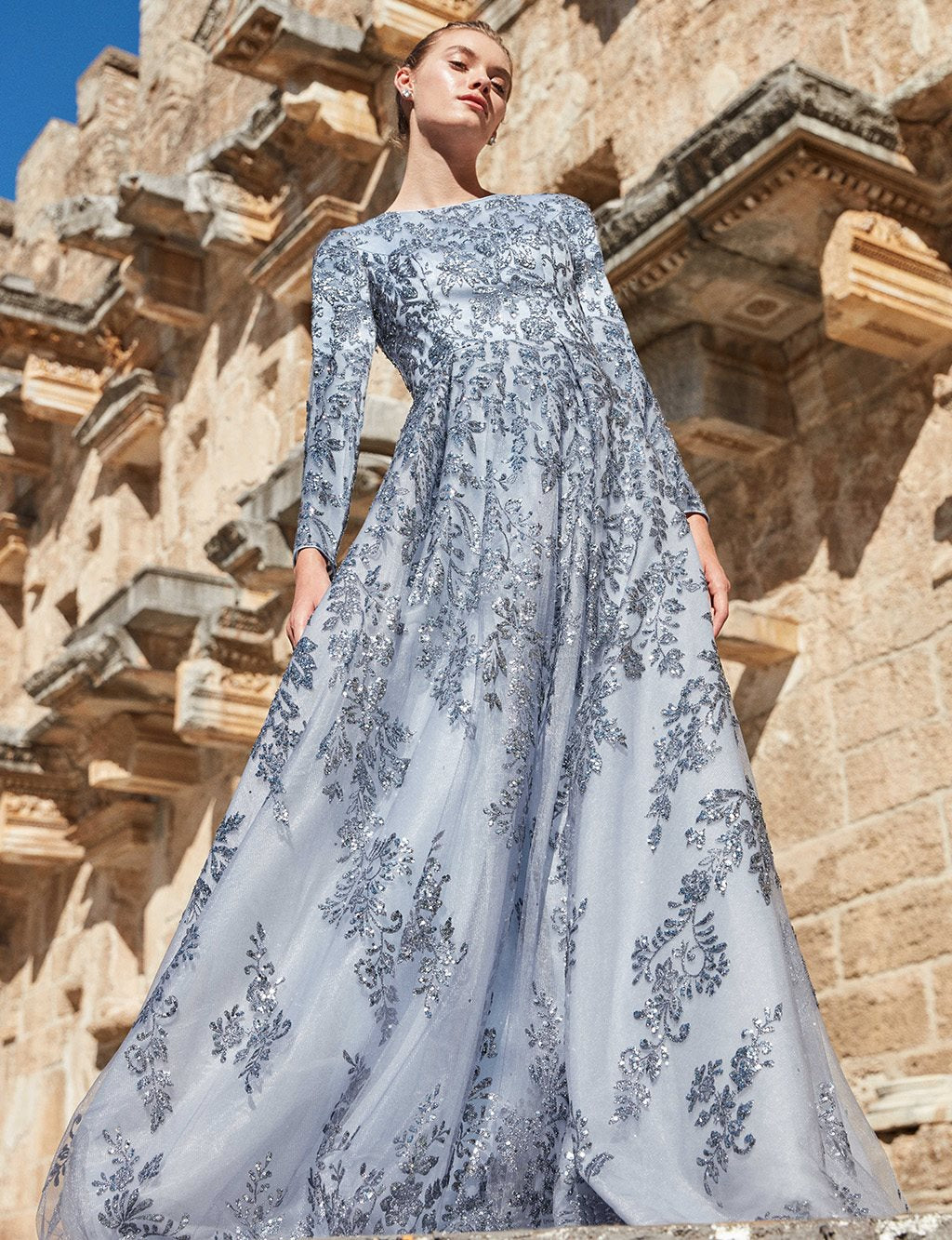 TIARA Long Sleeve Evening Dress Blue Granite