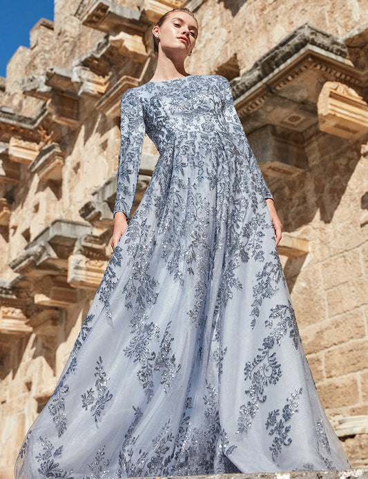 TIARA Long Sleeve Evening Dress Blue Granite