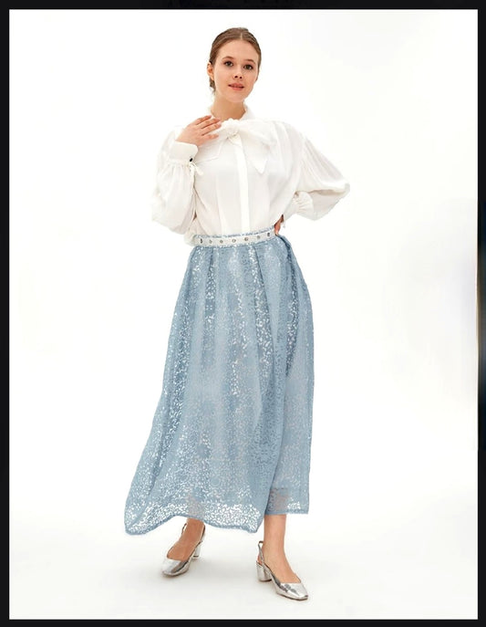 Kayra Pleated Long Lace Skirt Blue