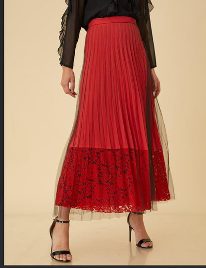 KAYRA Lace Covered Pleated Skirt Red B9 12045