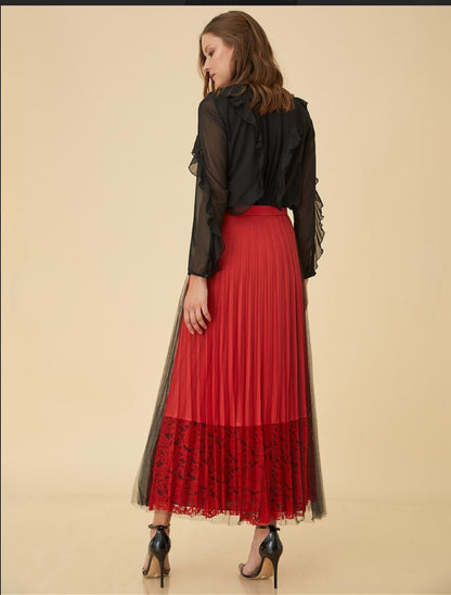 KAYRA Lace Covered Pleated Skirt Red B9 12045