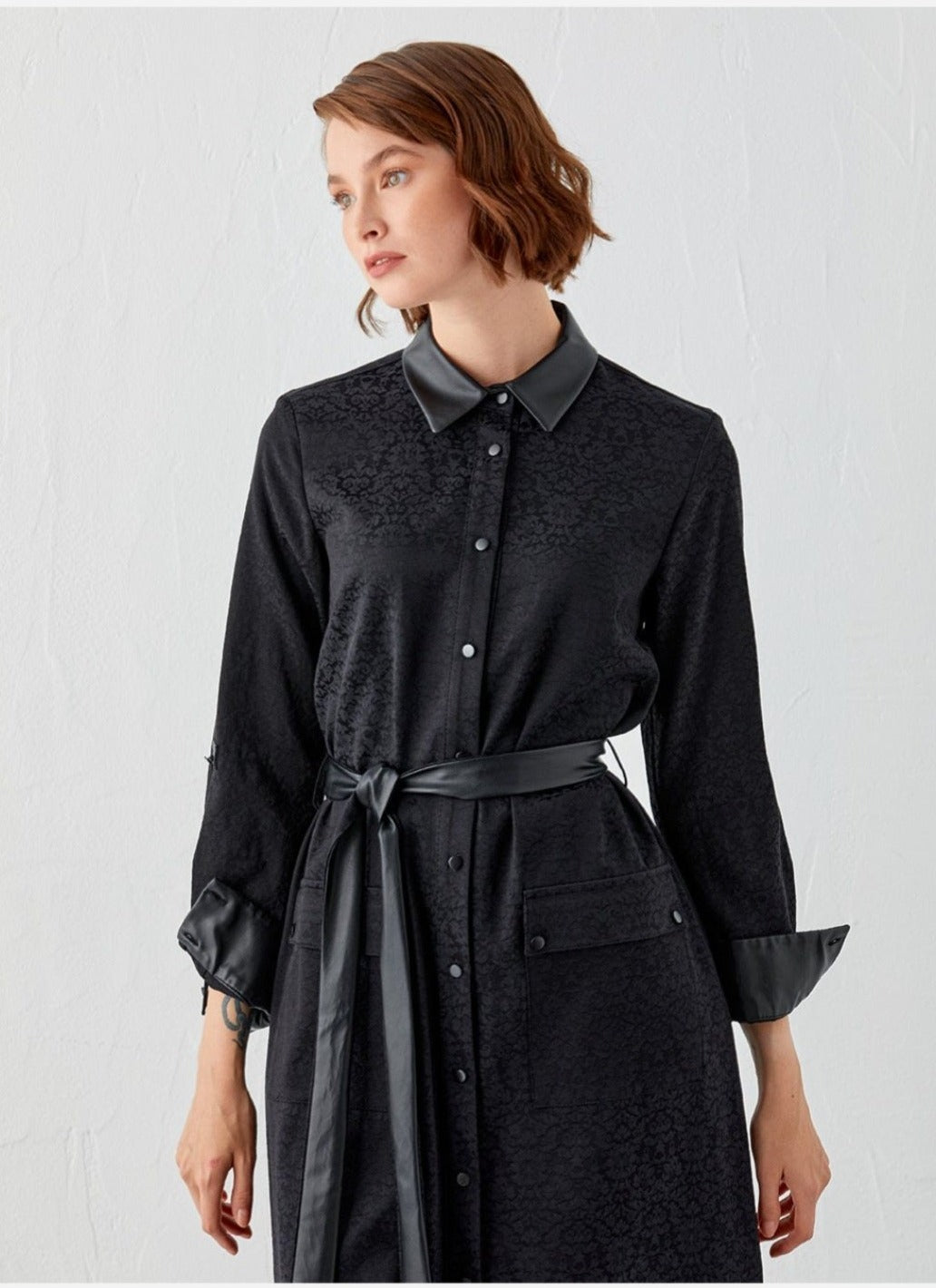KAYRA Faux Leather Detailed Jacquard Tunic Dress