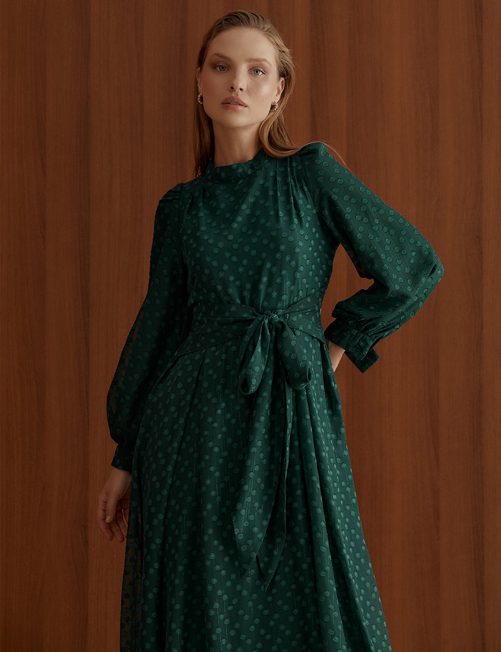 Pleated Full Length Dress Emerald KA-A22-23077-84
