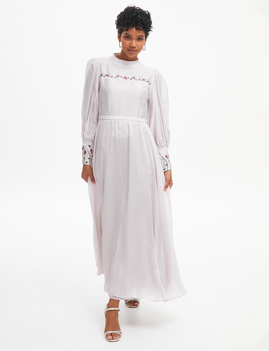 KAYRA Embroidered Judge Collar Long Dress Light Lilac